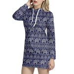 White And Blue Indian Elephant Print Hoodie Dress
