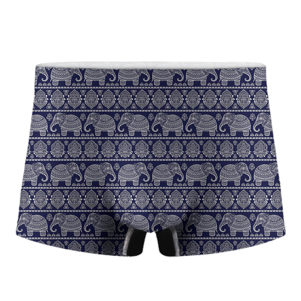 White And Blue Indian Elephant Print Men's Boxer Briefs