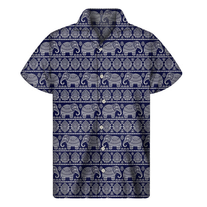 White And Blue Indian Elephant Print Men's Short Sleeve Shirt
