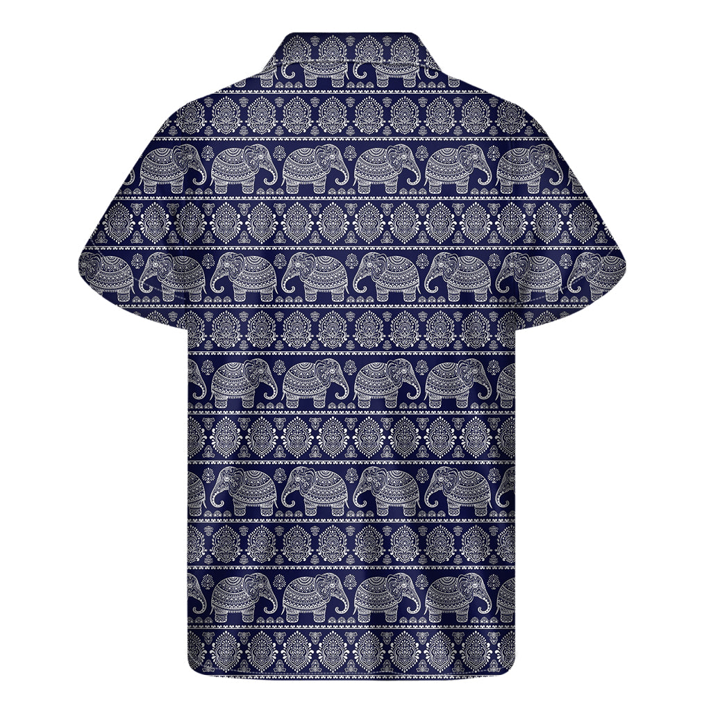 White And Blue Indian Elephant Print Men's Short Sleeve Shirt