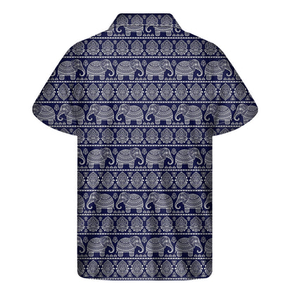 White And Blue Indian Elephant Print Men's Short Sleeve Shirt