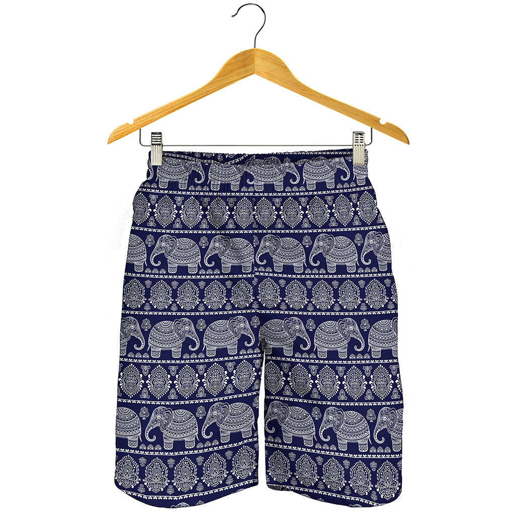 White And Blue Indian Elephant Print Men's Shorts
