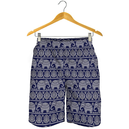 White And Blue Indian Elephant Print Men's Shorts