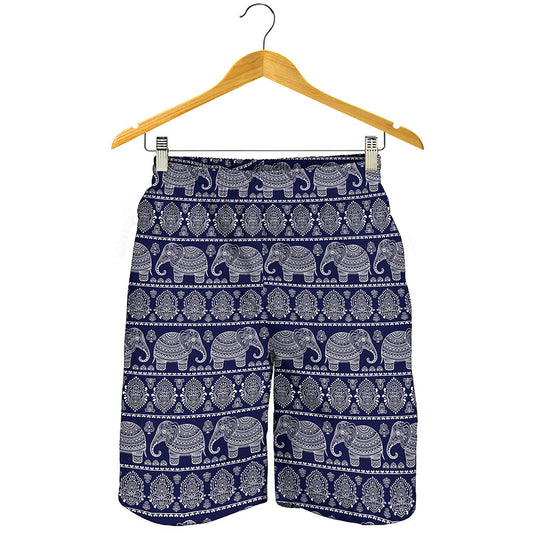 White And Blue Indian Elephant Print Men's Shorts