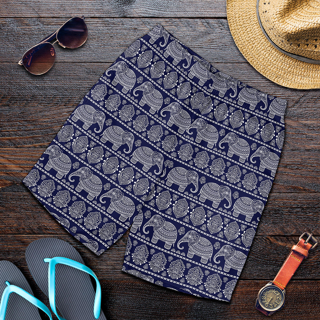 White And Blue Indian Elephant Print Men's Shorts