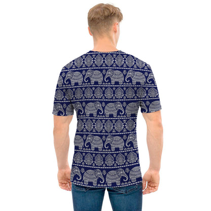 White And Blue Indian Elephant Print Men's T-Shirt