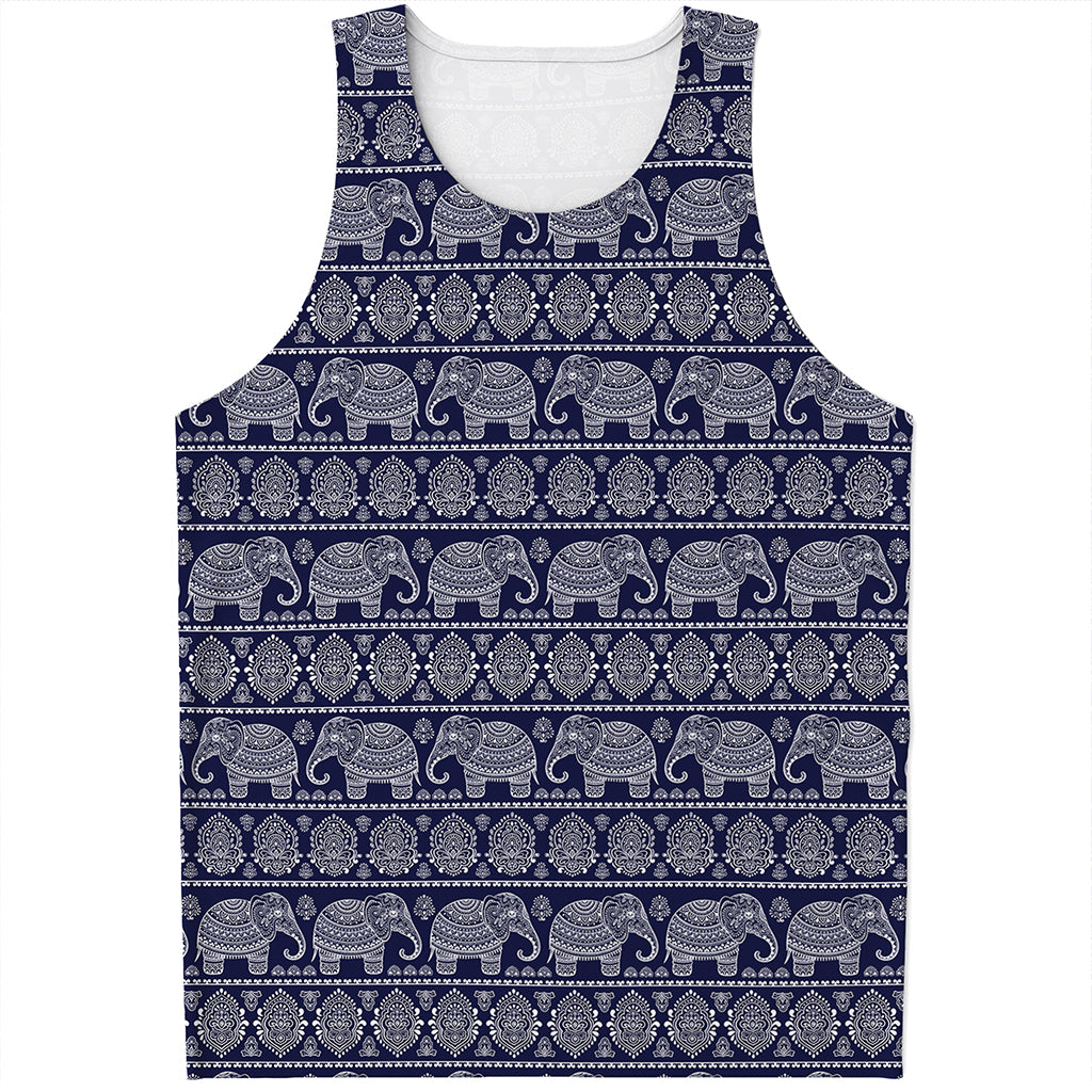 White And Blue Indian Elephant Print Men's Tank Top