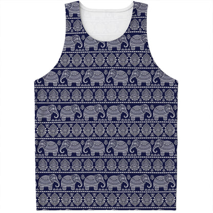 White And Blue Indian Elephant Print Men's Tank Top