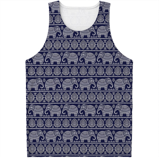 White And Blue Indian Elephant Print Men's Tank Top