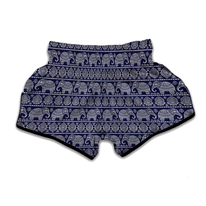 White And Blue Indian Elephant Print Muay Thai Boxing Shorts