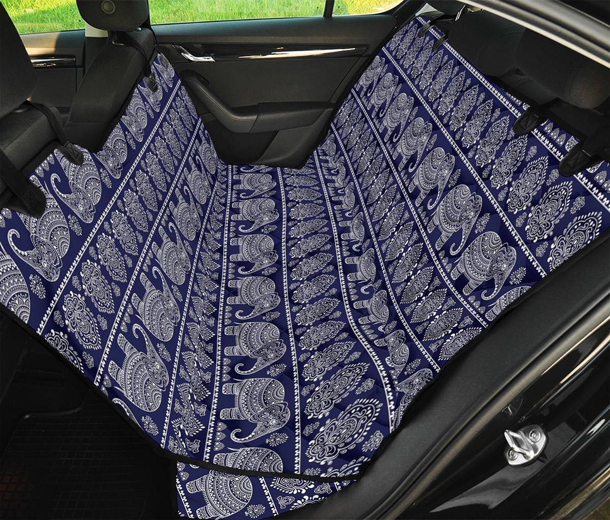 White And Blue Indian Elephant Print Pet Car Back Seat Cover