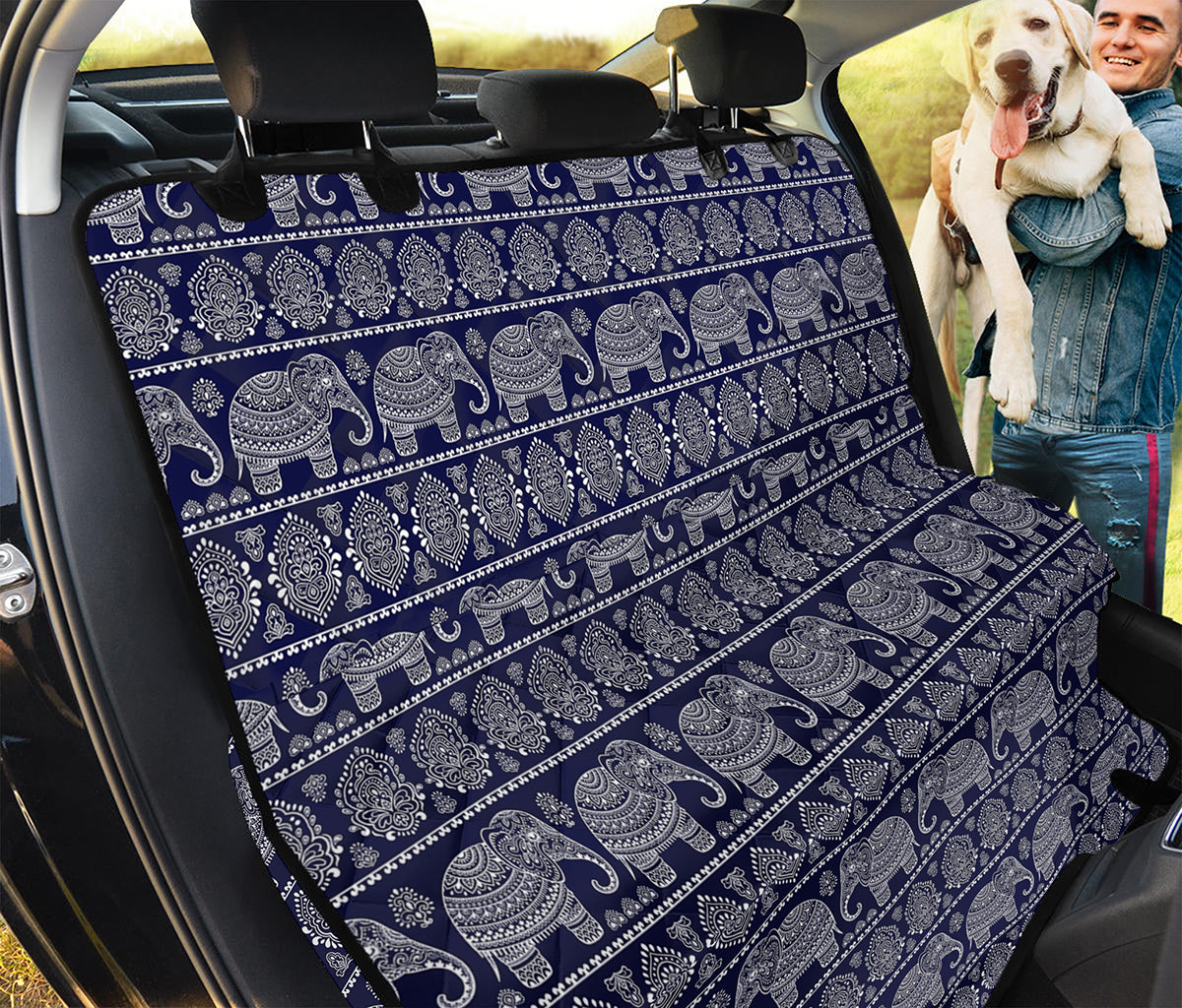 White And Blue Indian Elephant Print Pet Car Back Seat Cover