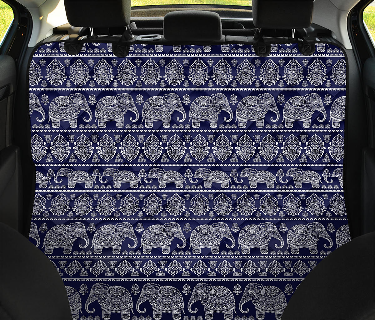 White And Blue Indian Elephant Print Pet Car Back Seat Cover
