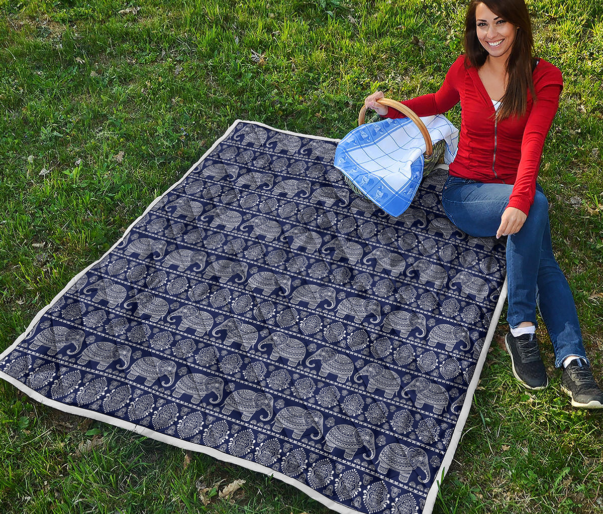 White And Blue Indian Elephant Print Quilt