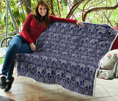 White And Blue Indian Elephant Print Quilt