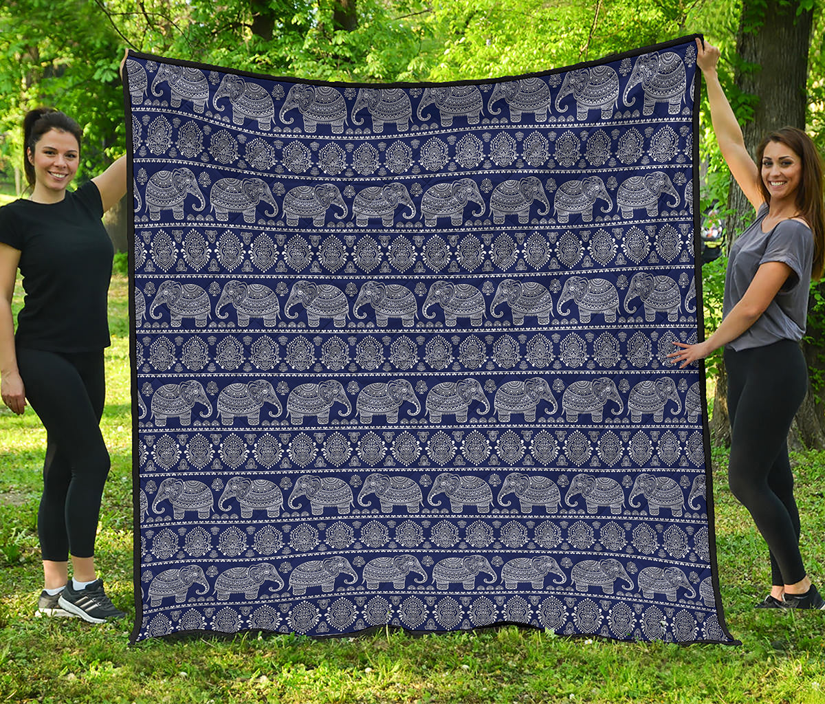 White And Blue Indian Elephant Print Quilt