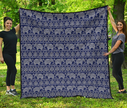 White And Blue Indian Elephant Print Quilt