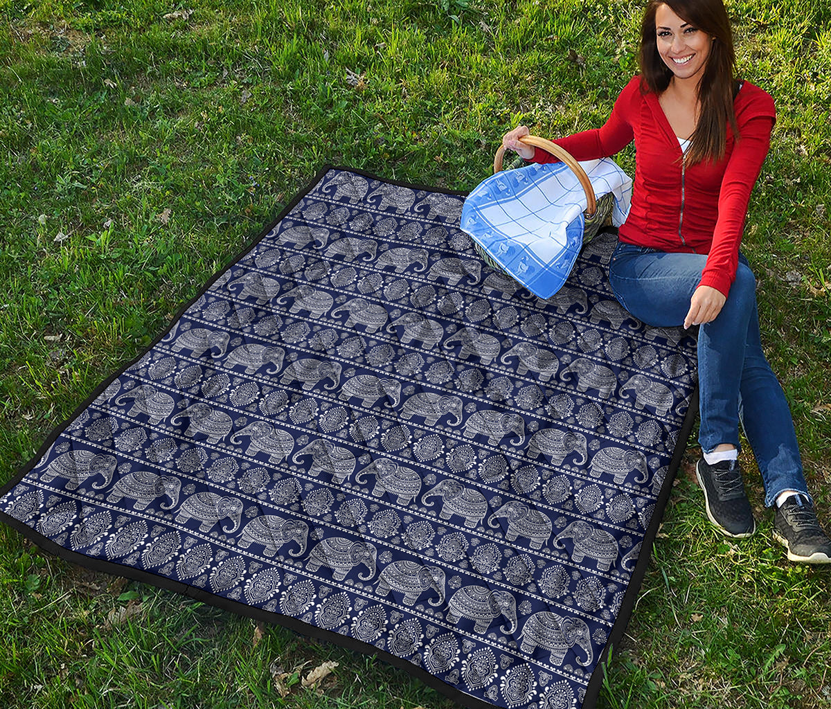 White And Blue Indian Elephant Print Quilt