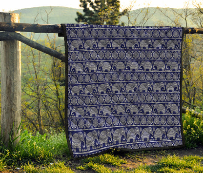 White And Blue Indian Elephant Print Quilt