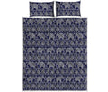 White And Blue Indian Elephant Print Quilt Bed Set