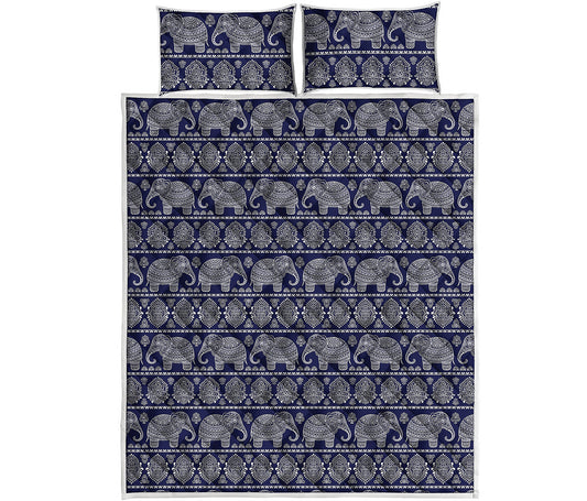 White And Blue Indian Elephant Print Quilt Bed Set