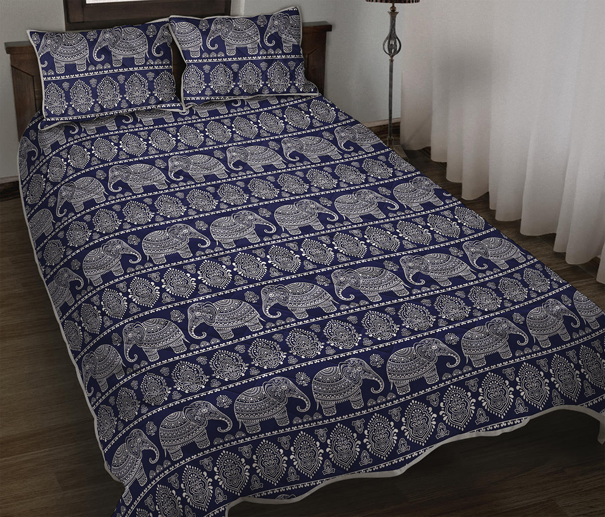 White And Blue Indian Elephant Print Quilt Bed Set