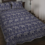 White And Blue Indian Elephant Print Quilt Bed Set