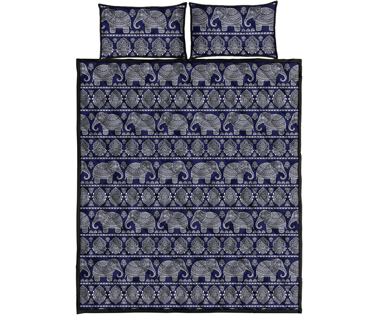 White And Blue Indian Elephant Print Quilt Bed Set