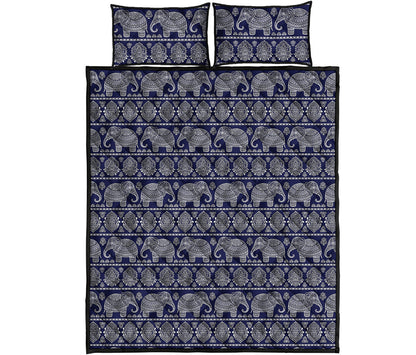 White And Blue Indian Elephant Print Quilt Bed Set