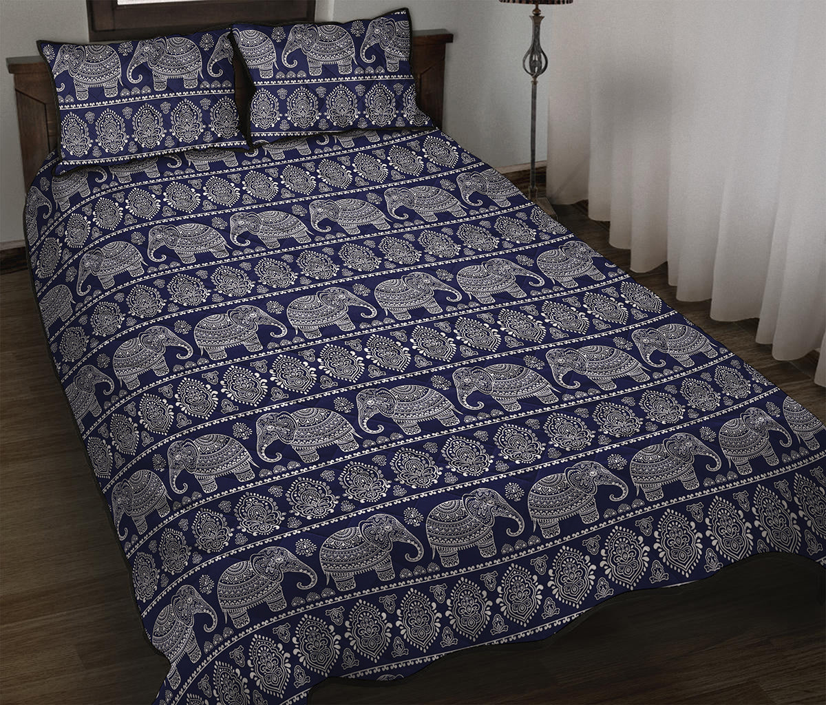 White And Blue Indian Elephant Print Quilt Bed Set
