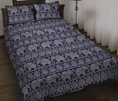 White And Blue Indian Elephant Print Quilt Bed Set