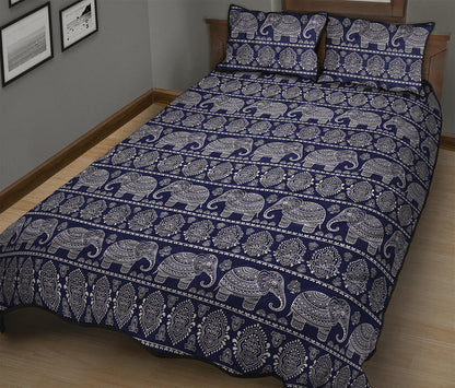 White And Blue Indian Elephant Print Quilt Bed Set