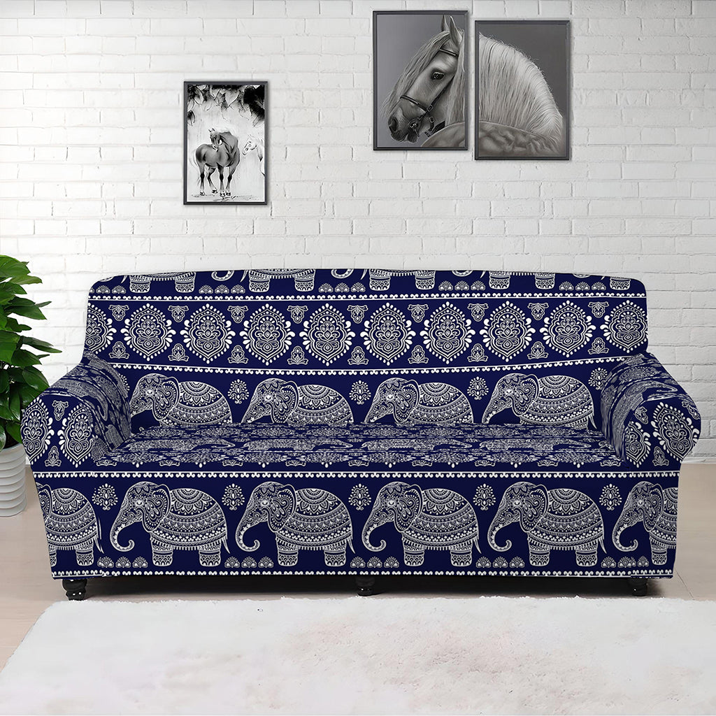White And Blue Indian Elephant Print Sofa Cover