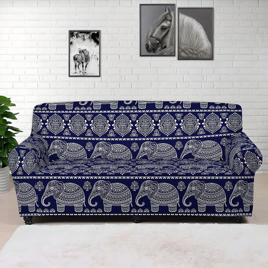 White And Blue Indian Elephant Print Sofa Cover