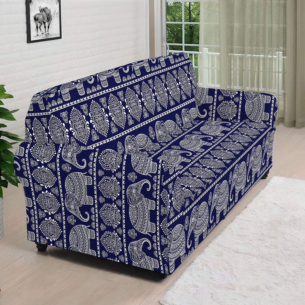 White And Blue Indian Elephant Print Sofa Cover