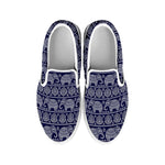 White And Blue Indian Elephant Print White Slip On Shoes