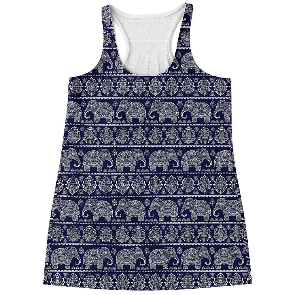 White And Blue Indian Elephant Print Women's Racerback Tank Top