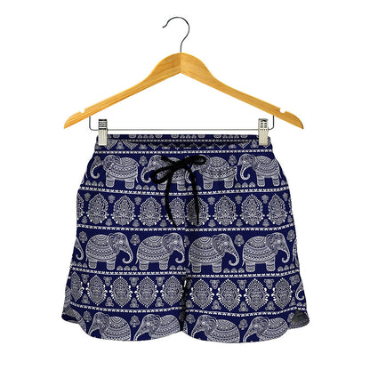 White And Blue Indian Elephant Print Women's Shorts