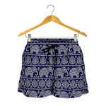 White And Blue Indian Elephant Print Women's Shorts