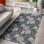 White And Blue Lotus Flower Print Area Rug