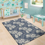 White And Blue Lotus Flower Print Area Rug