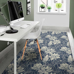 White And Blue Lotus Flower Print Area Rug