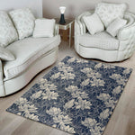 White And Blue Lotus Flower Print Area Rug
