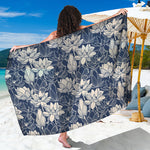 White And Blue Lotus Flower Print Beach Sarong Wrap