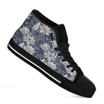 White And Blue Lotus Flower Print Black High Top Shoes