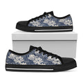 White And Blue Lotus Flower Print Black Low Top Sneakers