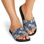 White And Blue Lotus Flower Print Black Slide Sandals