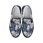 White And Blue Lotus Flower Print Black Slip On Shoes
