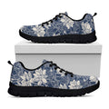 White And Blue Lotus Flower Print Black Running Shoes