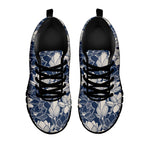 White And Blue Lotus Flower Print Black Sneakers